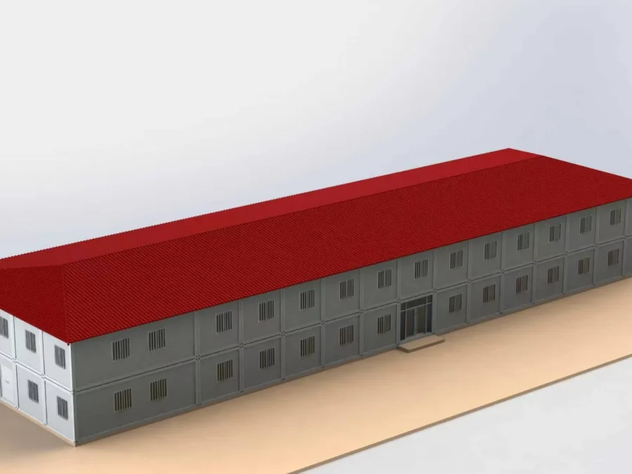 Design study — two-storey flat-pack camp, pitched-roof option, grey and white module facades.