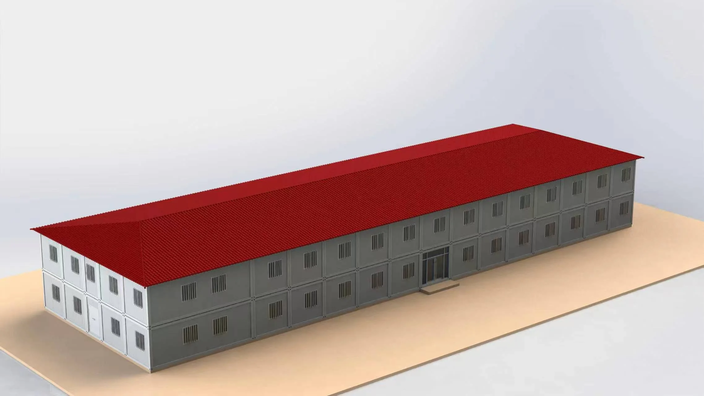 flat-pack building units staged for remote camp delivery (design study)