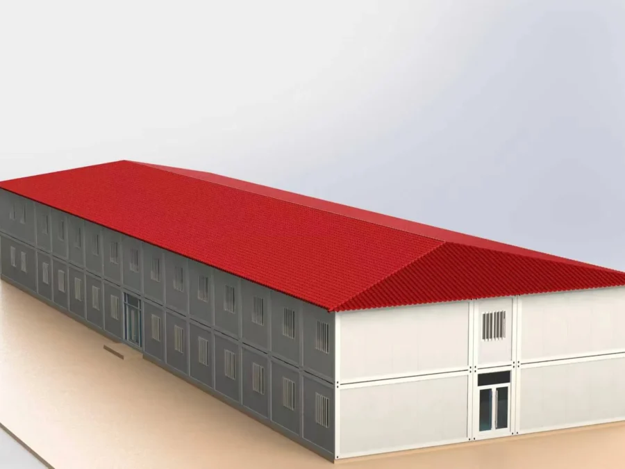 Design study — two-storey camp with central stair core and multi-module wings.