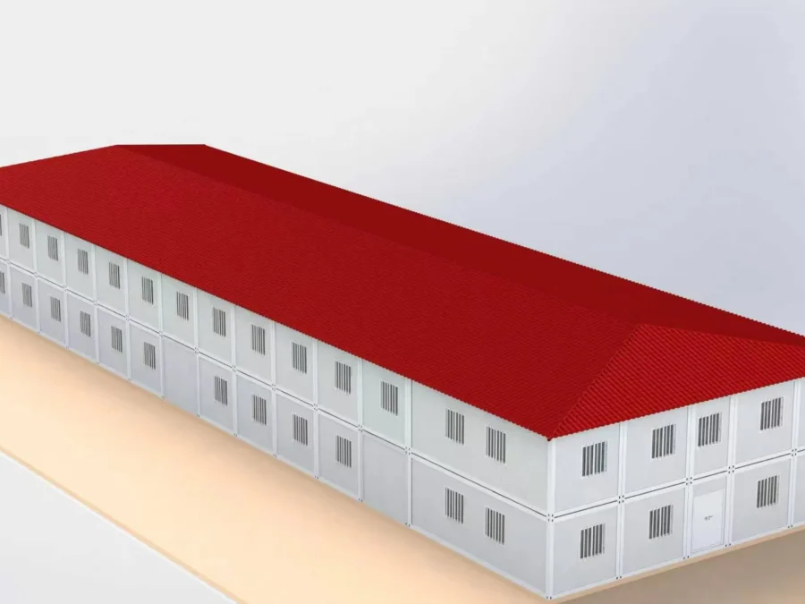 Design study — all-white module variant of the two-storey camp layout.