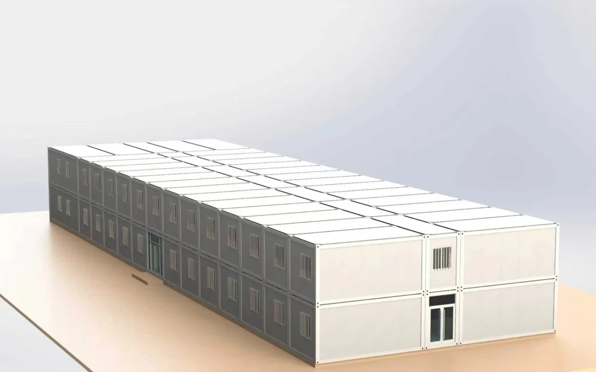 Design study — bare module structure of the two-storey camp, flat-roof configuration.