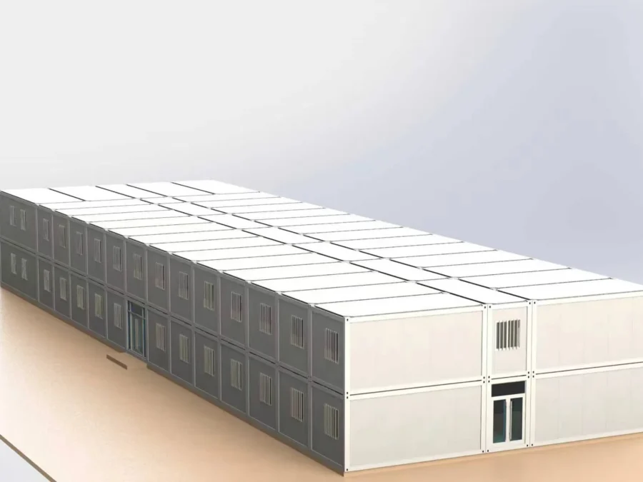 Design study — bare module structure of the two-storey camp, flat-roof configuration.