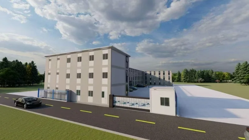 Design study — dormitory campus arrangement with gated compound and internal road.
