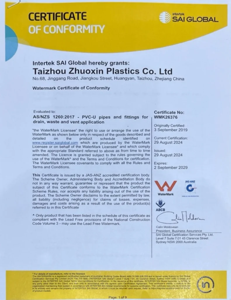 Watermark Pvcu Dwv Fittings Taizhou Zhuoxin
