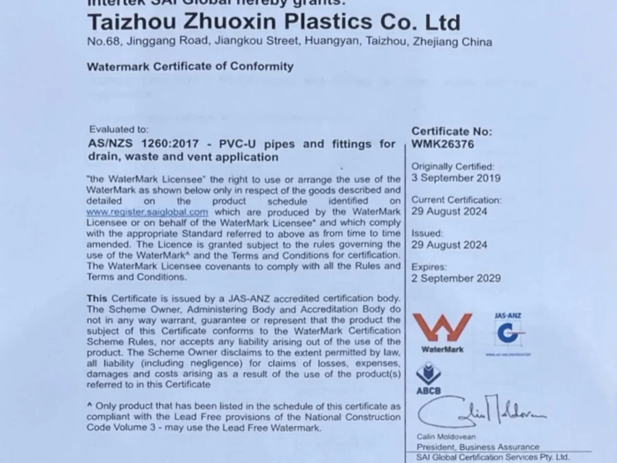 Watermark Pvcu Dwv Fittings Taizhou Zhuoxin