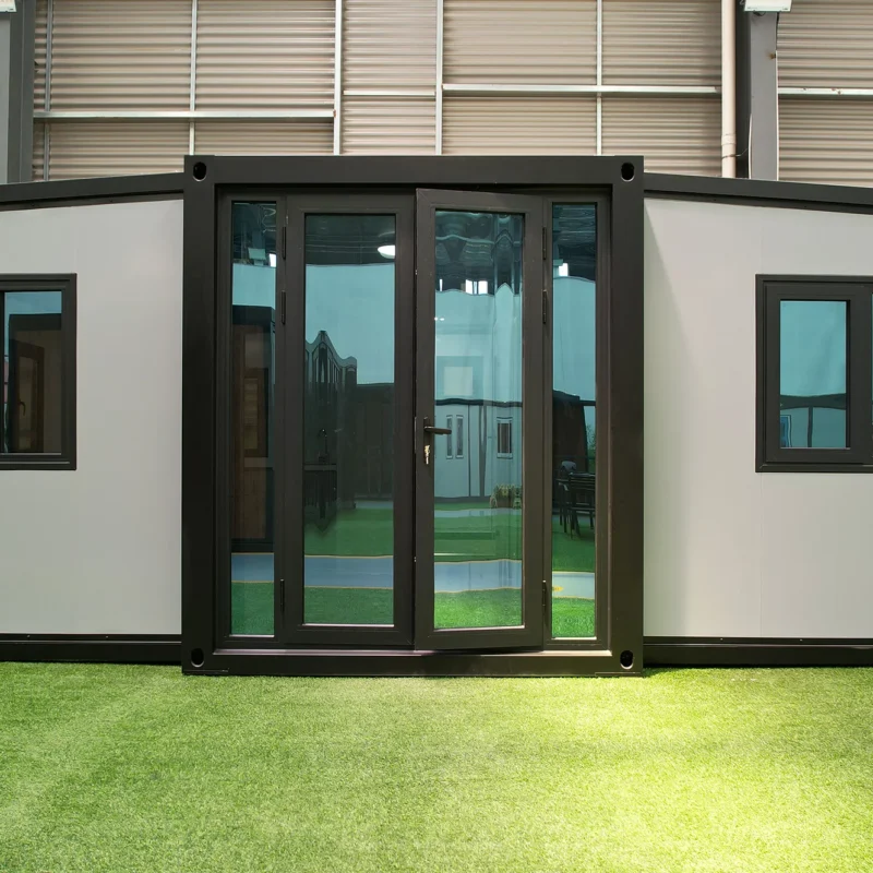 20ft expandable container house with grey facade, fully expanded, front view