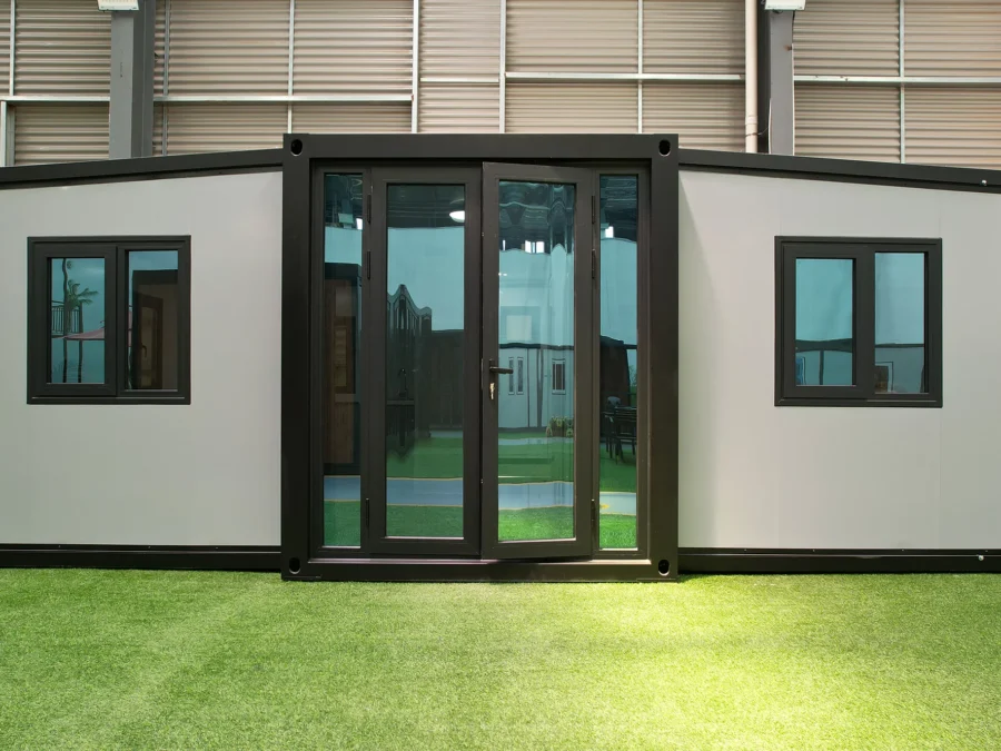 20ft expandable container house with grey facade, fully expanded, front view