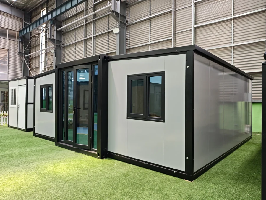 20ft expandable container house side elevation with black-frame glass wall