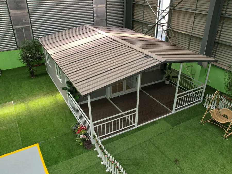 20ft expandable container house with garden terrace and pergola, aerial view