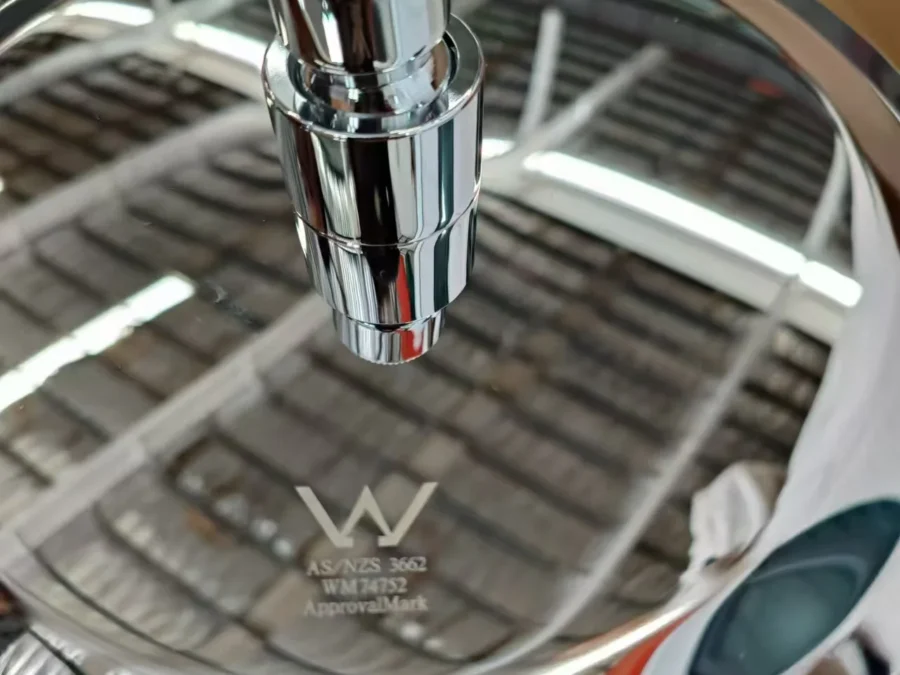 Close-up of a shower head with WaterMark certification mark