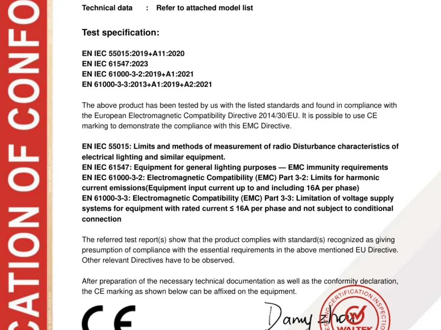 CE certificate of conformity for LED luminaires (EN 60598 and EN 55015)