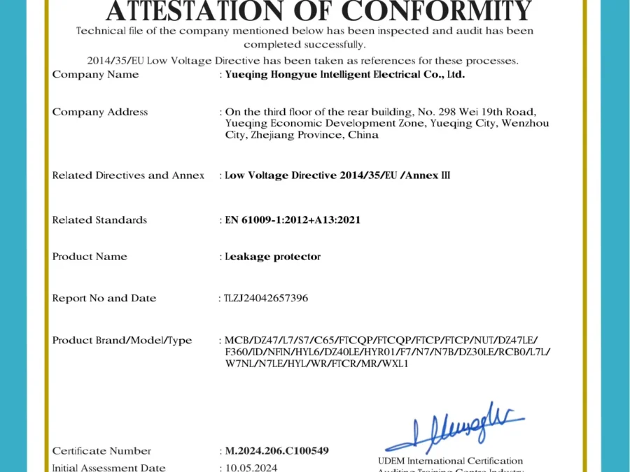 EU Low Voltage Directive attestation of conformity for leakage protectors (EN 61008-1)