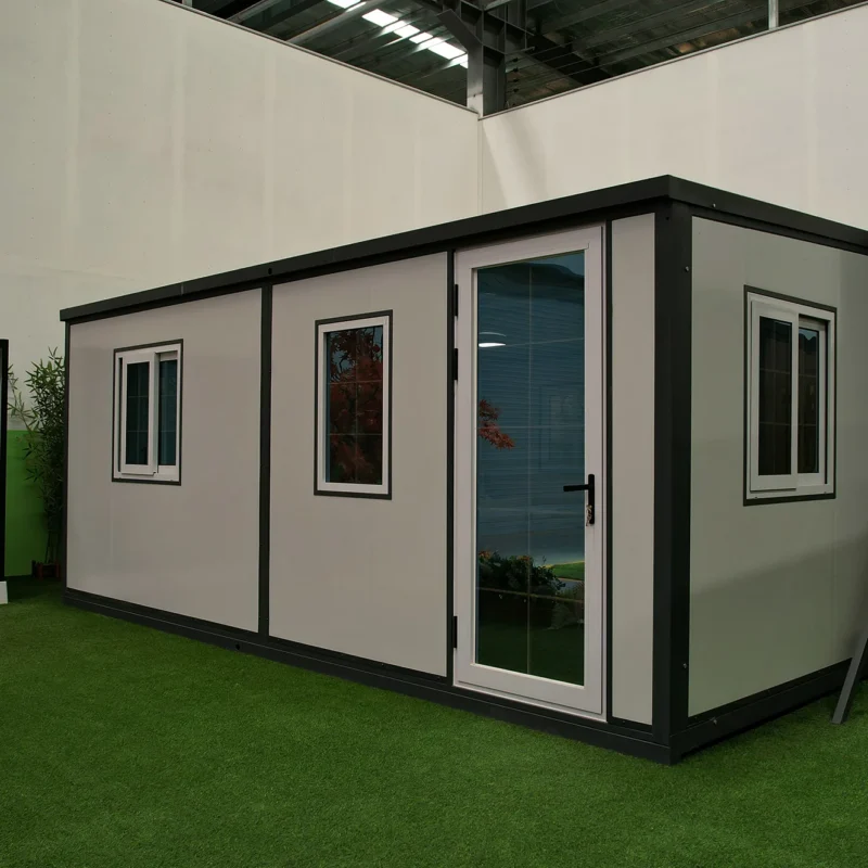 F720 compact expandable container house, fully expanded, front view