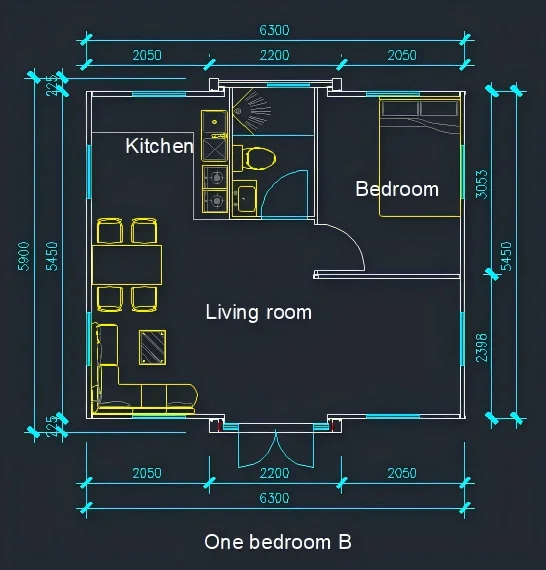 20ft expandable container house floor plan: one bedroom, living room, kitchen and bathroom, dimensions in millimetres