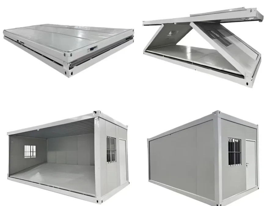 CAD views showing the fold-out sequence of a flat-pack container house