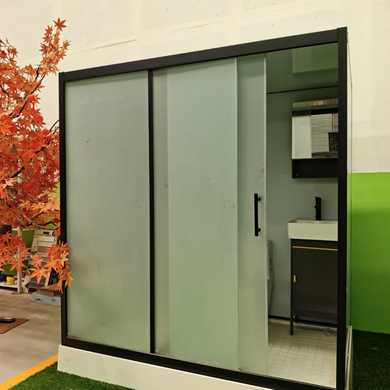 Modular bathroom pod finished unit with frosted glass sliding door