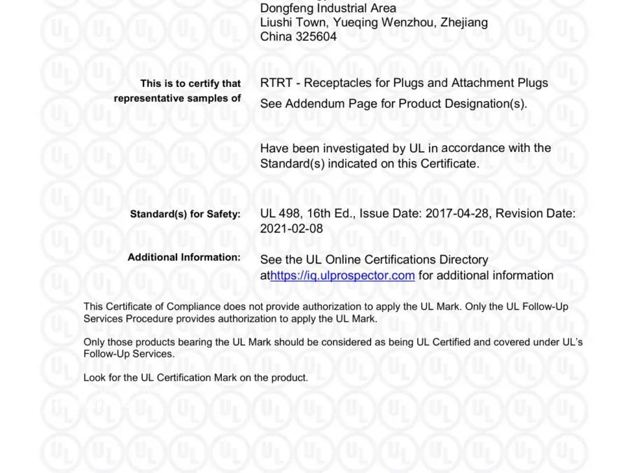 UL Certificate of Compliance E499639 for tamper-resistant receptacles fitted in SunModu units