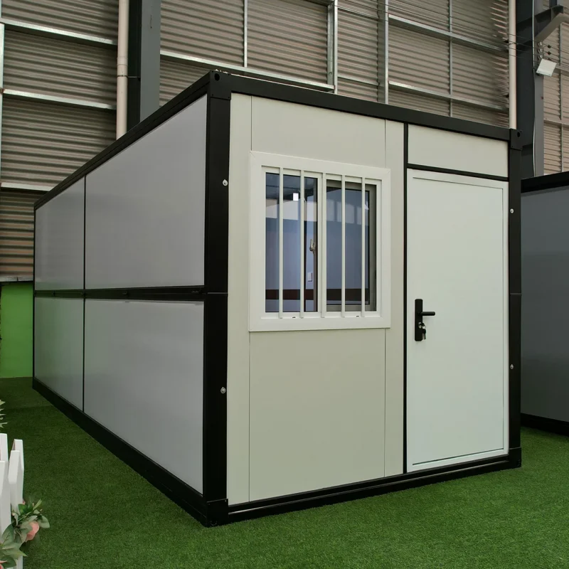 Waist-fold container houses folded flat in the factory yard